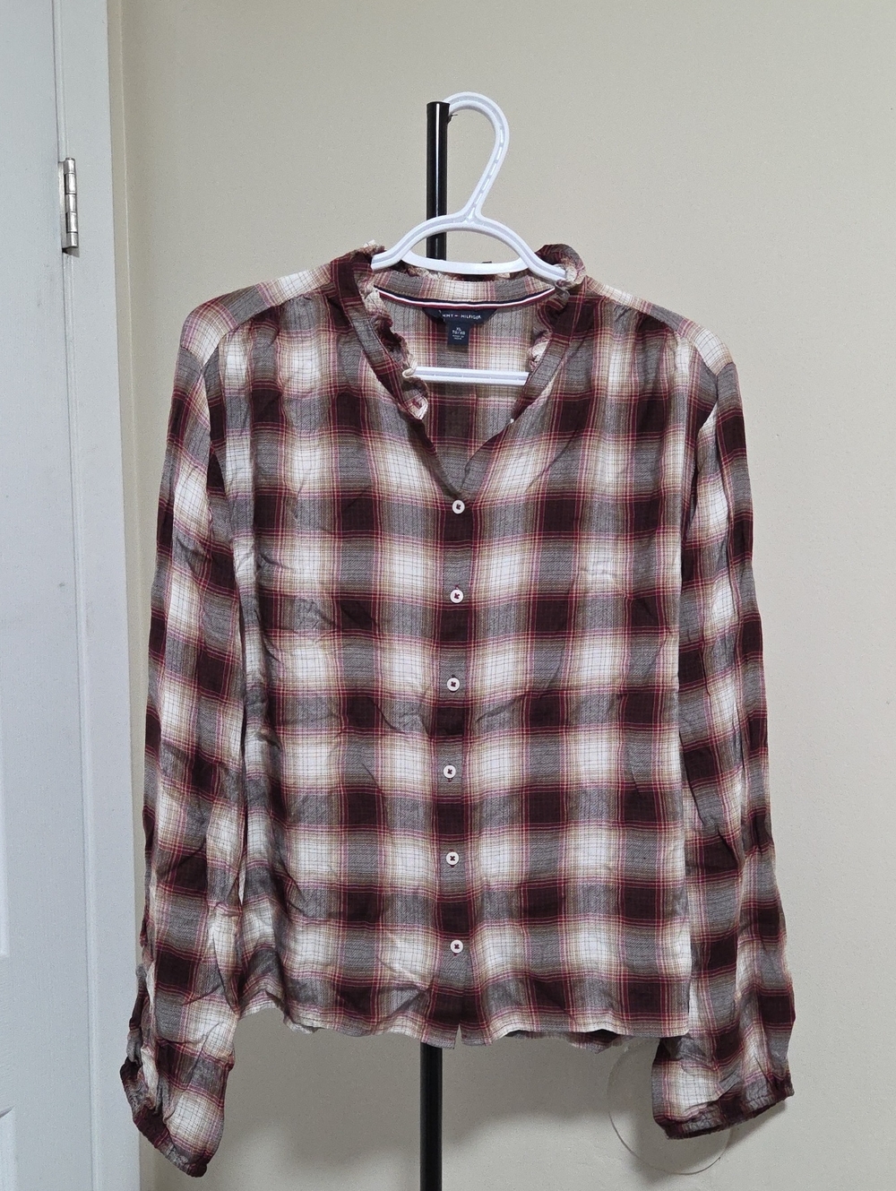 Tommy Hilfiger Women’s Burgundy and Cream Plaid Button-Down Shirt